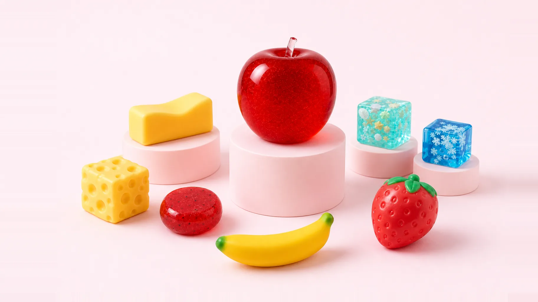The Squeezy Shop squishy family on pale pink podiums — stretchy butter bar, glitter gel apple, cheese cube, seeded red fruit, banana, strawberry, and two glitter gel cubes