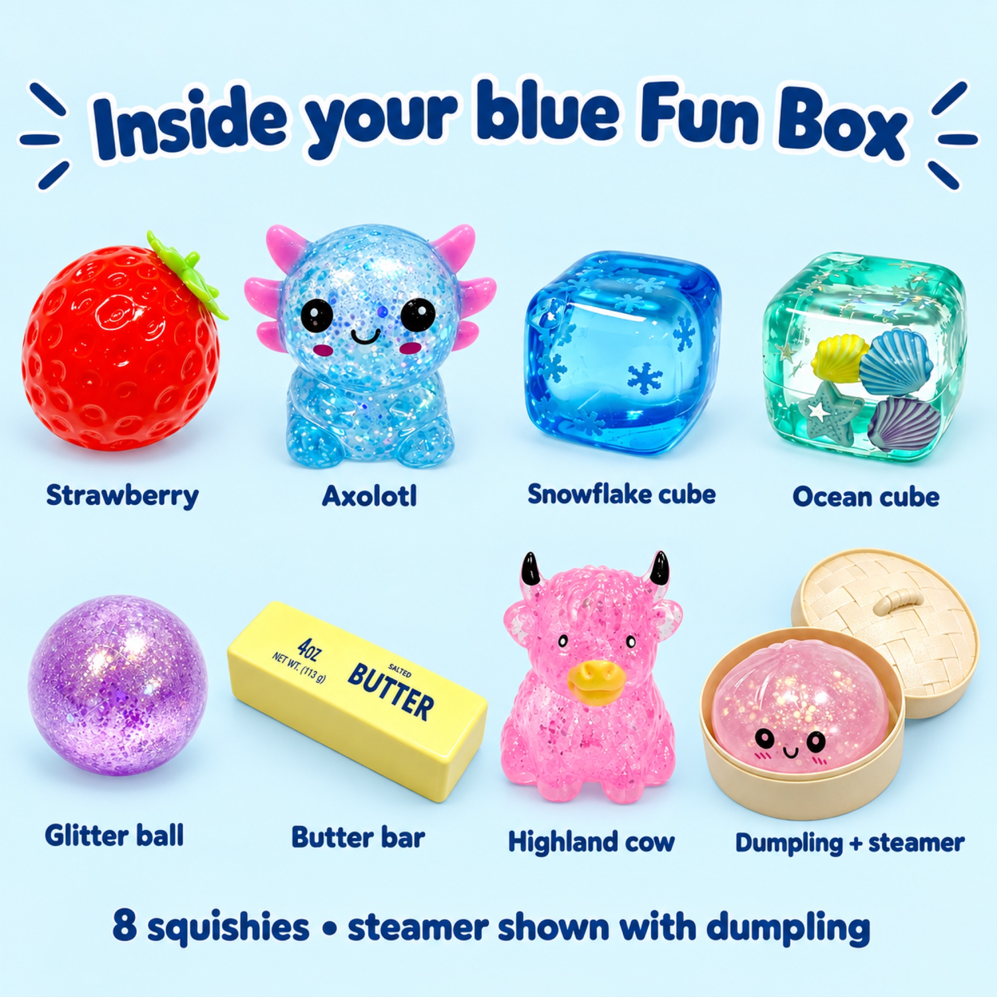 Blue Fun Box — strawberry, axolotl, snowflake cube, ocean cube, glitter ball, butter bar, Highland cow and dumpling with steamer — inside