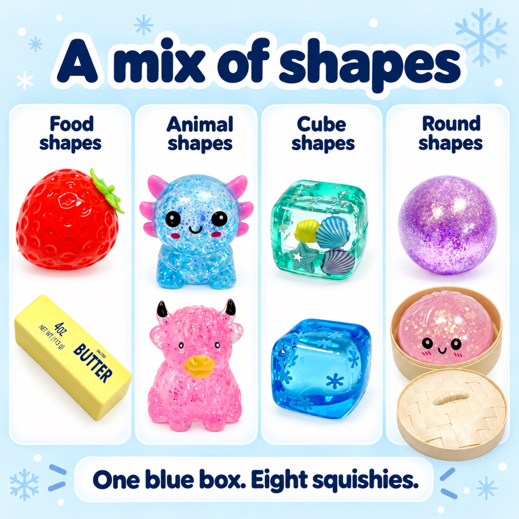 Blue Fun Box — strawberry, axolotl, snowflake cube, ocean cube, glitter ball, butter bar, Highland cow and dumpling with steamer — comparison