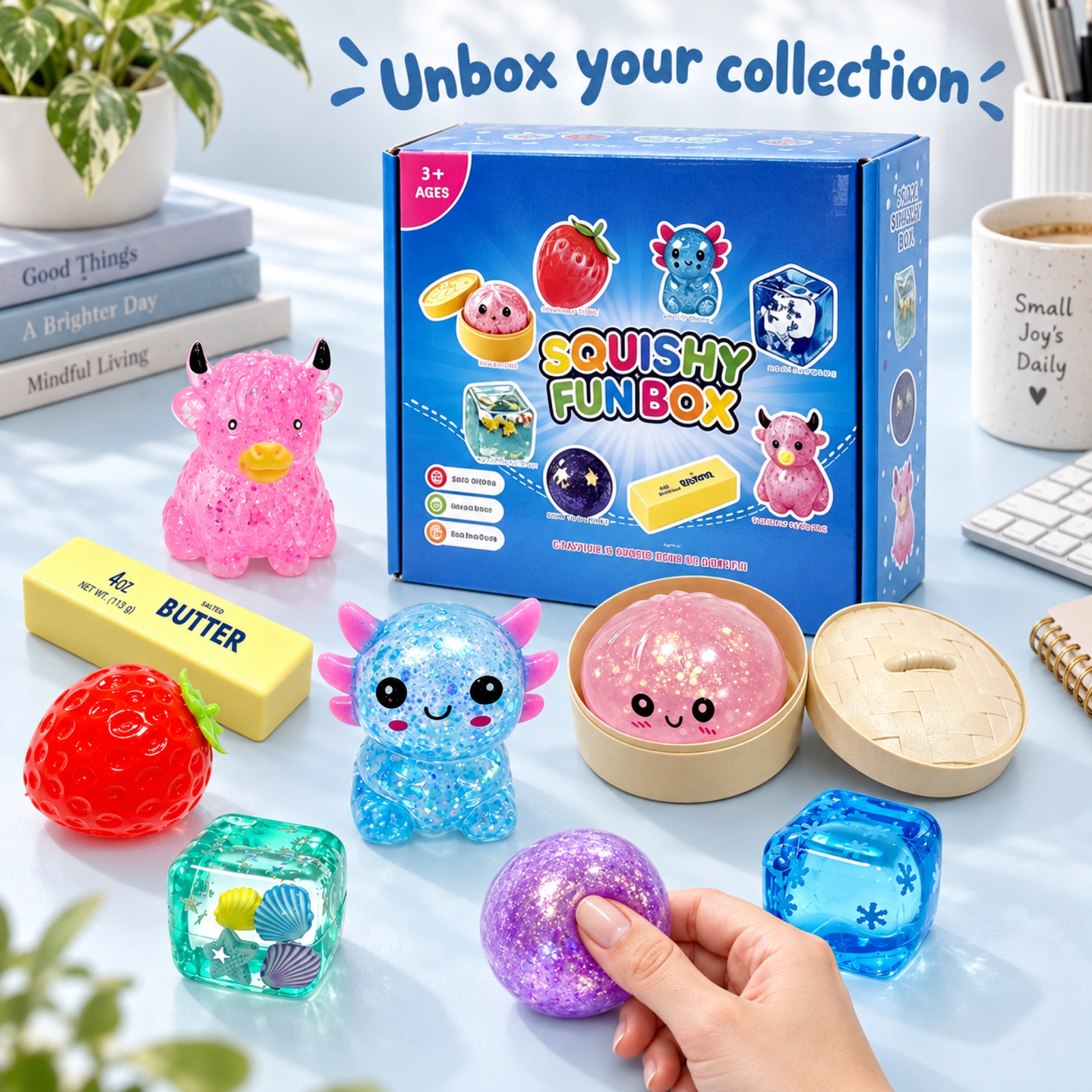 Blue Fun Box — strawberry, axolotl, snowflake cube, ocean cube, glitter ball, butter bar, Highland cow and dumpling with steamer — lifestyle