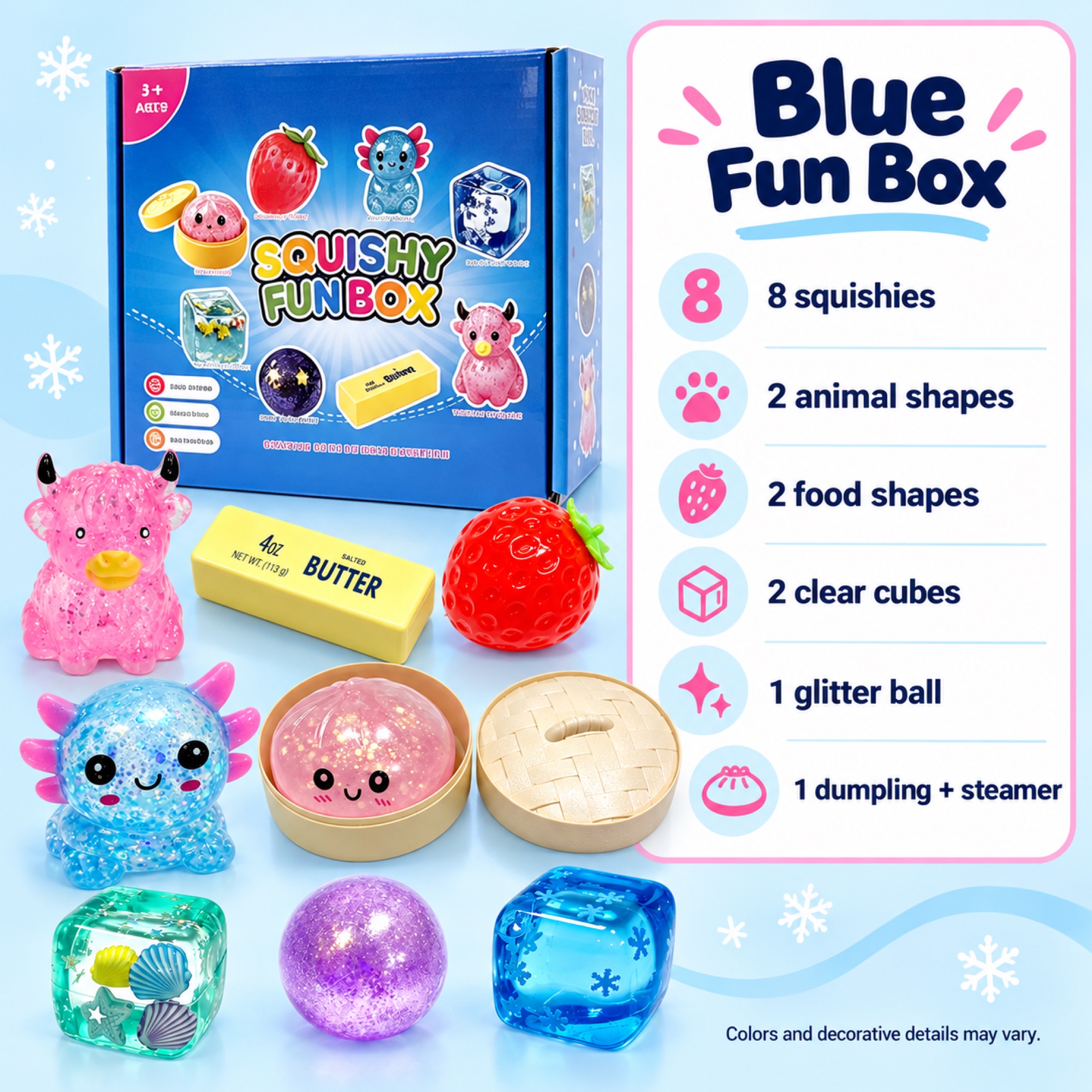 Blue Fun Box — strawberry, axolotl, snowflake cube, ocean cube, glitter ball, butter bar, Highland cow and dumpling with steamer — spec