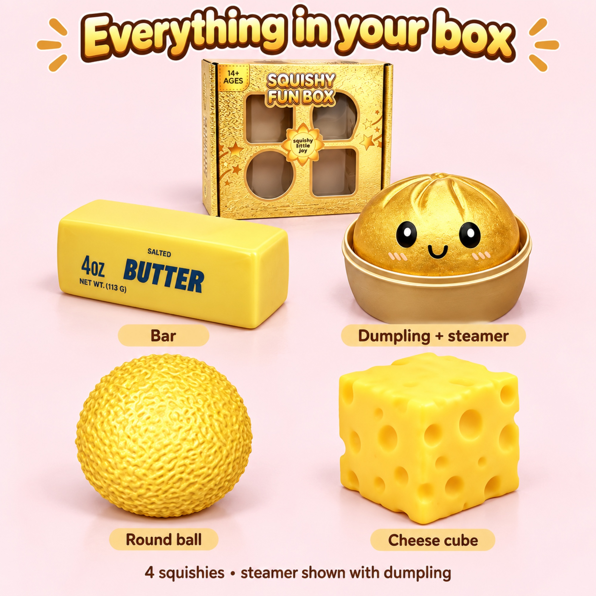 Gold Fun Box — butter bar, gold dumpling with steamer, textured gold ball and plain yellow cheese cube — inside