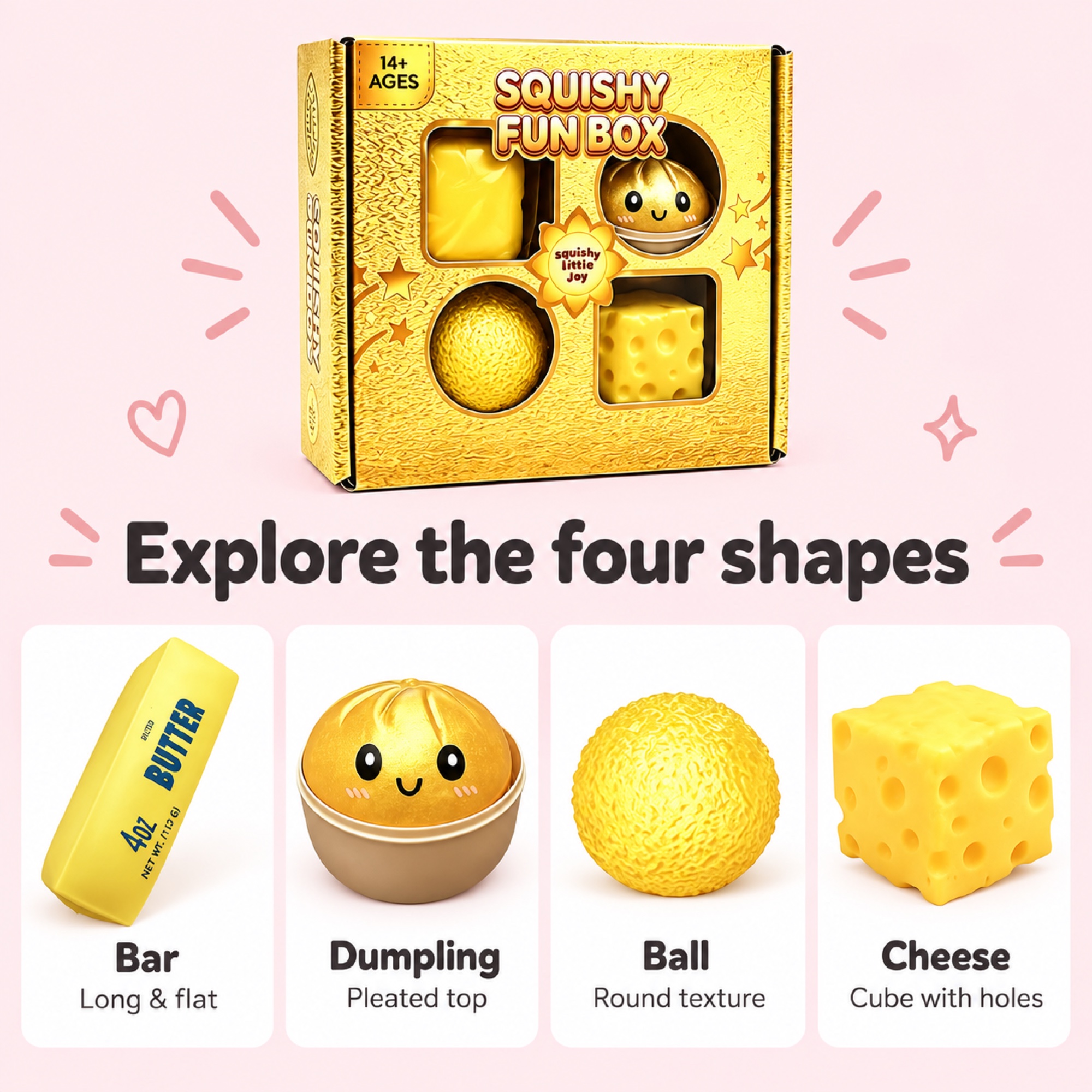 Gold Fun Box — butter bar, gold dumpling with steamer, textured gold ball and plain yellow cheese cube — comparison