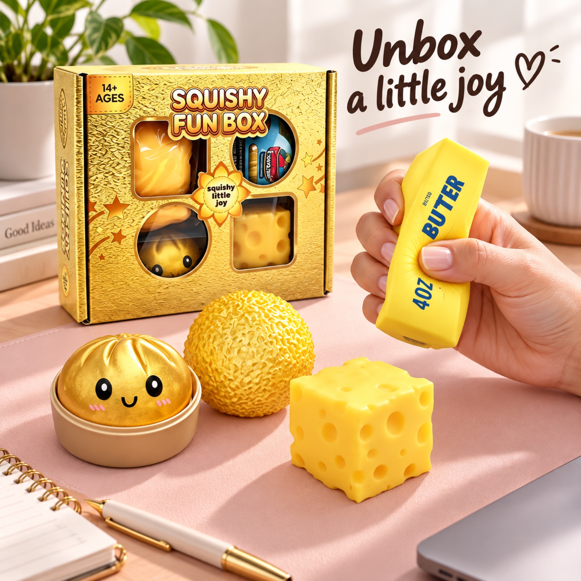 Gold Fun Box — butter bar, gold dumpling with steamer, textured gold ball and plain yellow cheese cube — lifestyle
