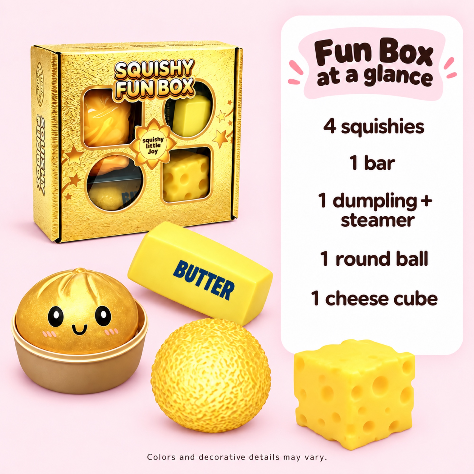 Gold Fun Box — butter bar, gold dumpling with steamer, textured gold ball and plain yellow cheese cube — spec