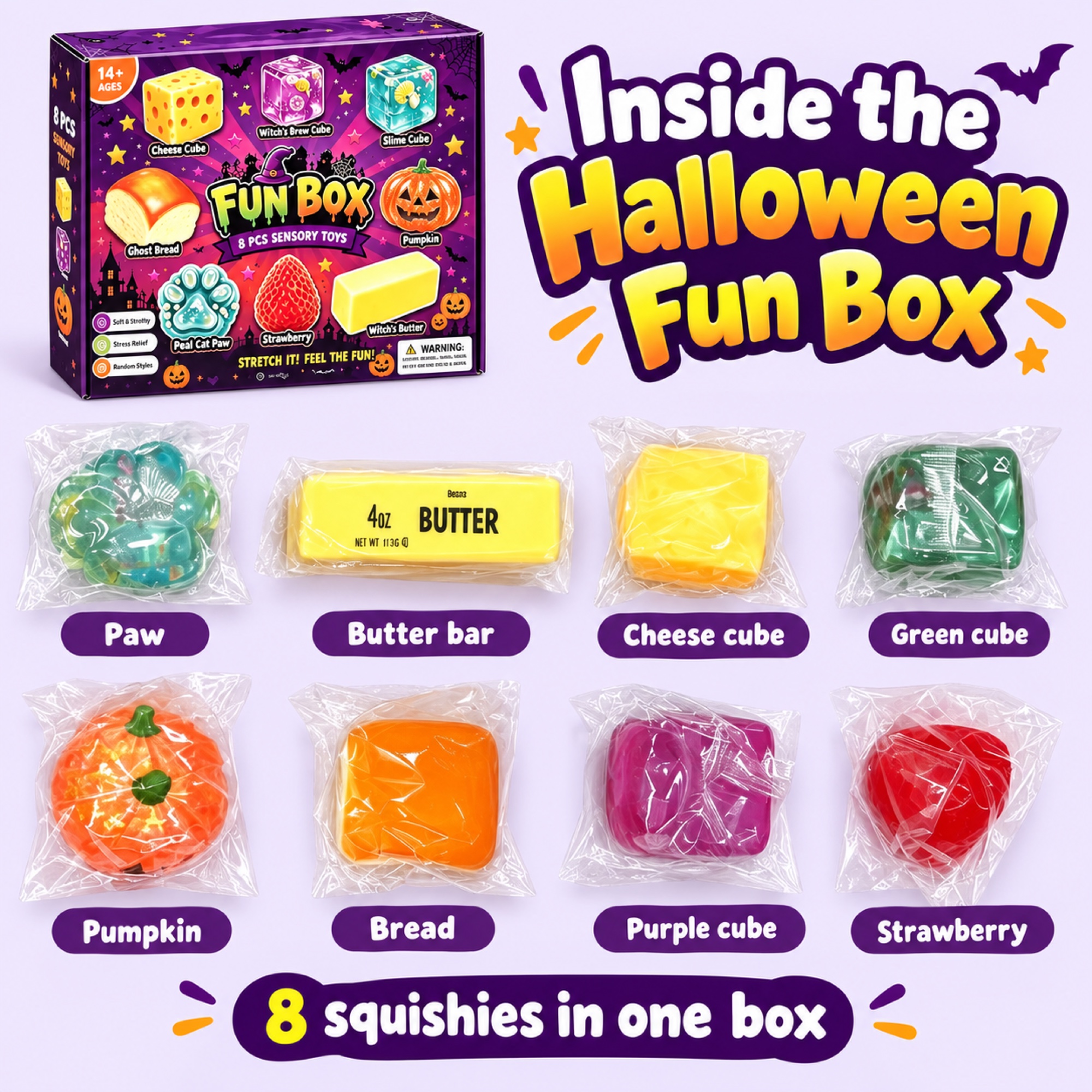 Halloween Fun Box — paw, butter bar, cheese cube, green cube, pumpkin, bread, purple cube and strawberry — inside