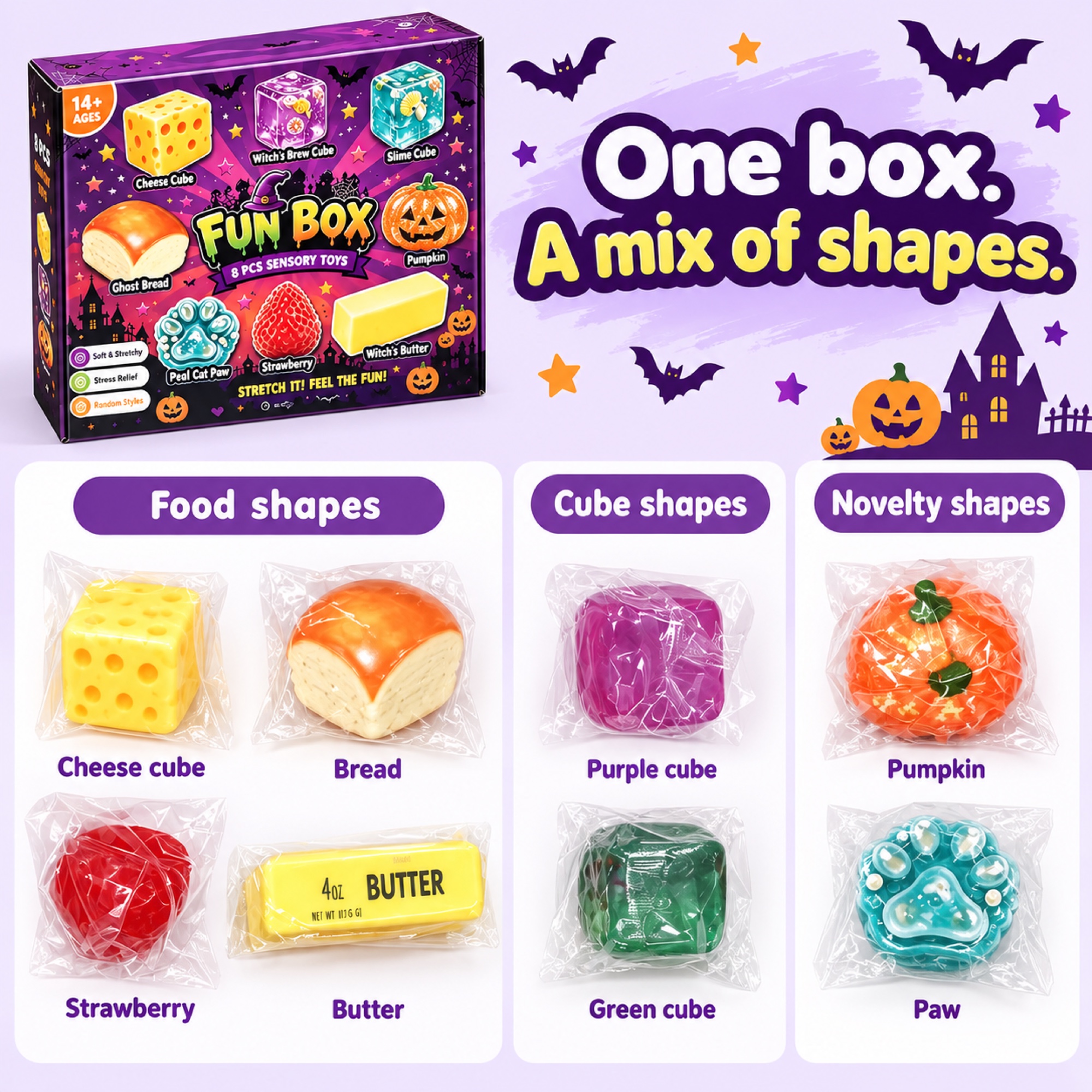Halloween Fun Box — paw, butter bar, cheese cube, green cube, pumpkin, bread, purple cube and strawberry — comparison