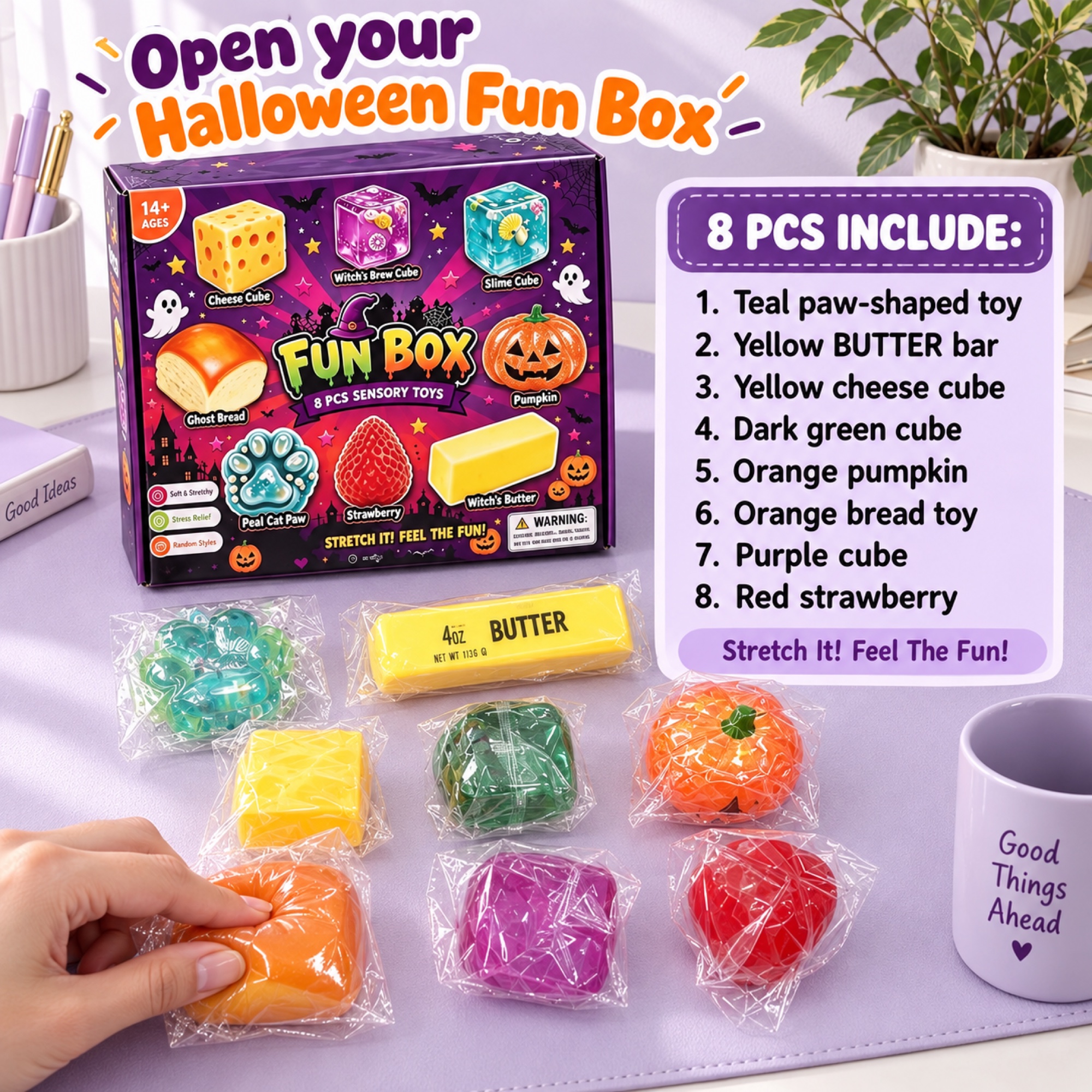 Halloween Fun Box — paw, butter bar, cheese cube, green cube, pumpkin, bread, purple cube and strawberry — lifestyle