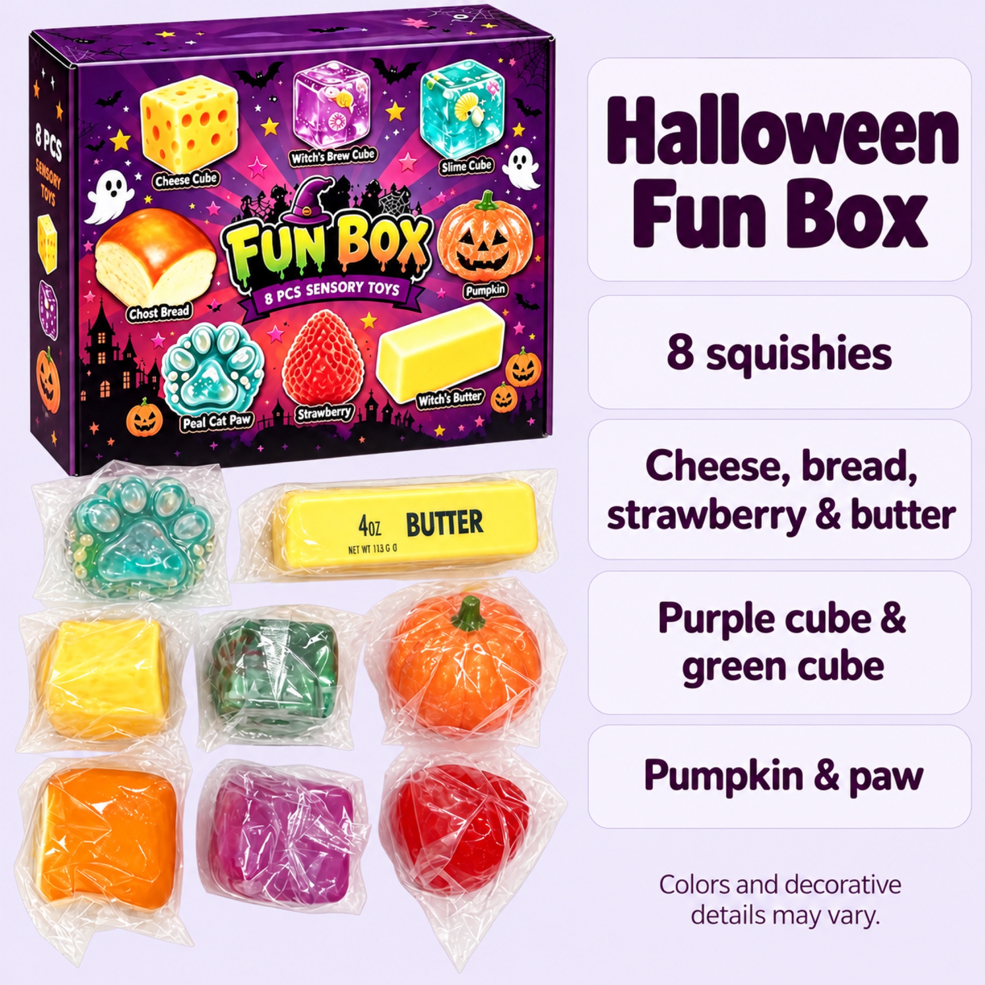 Halloween Fun Box — paw, butter bar, cheese cube, green cube, pumpkin, bread, purple cube and strawberry — spec