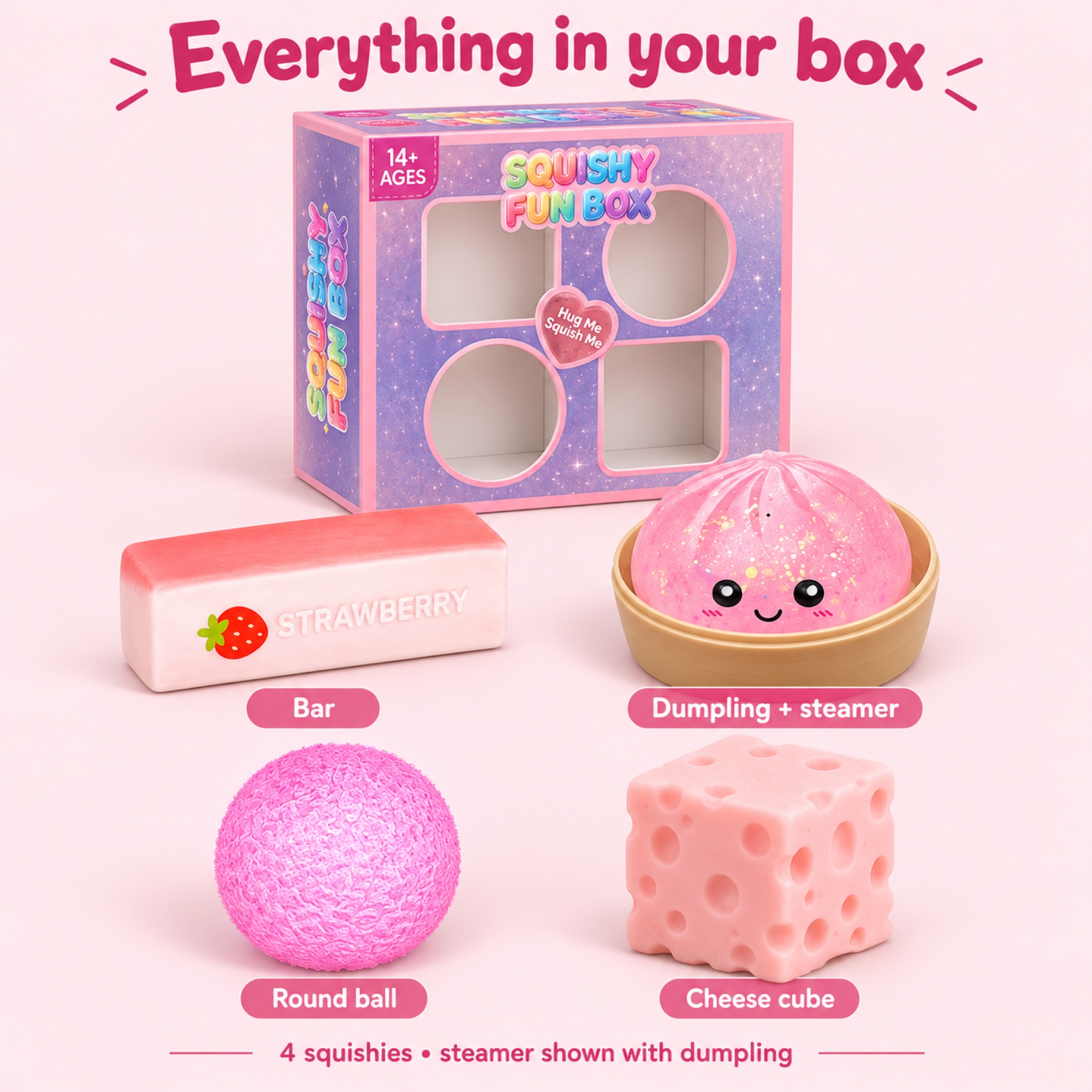 Pink Fun Box — strawberry bar, pink dumpling with steamer, pink textured ball and pink cheese cube — inside
