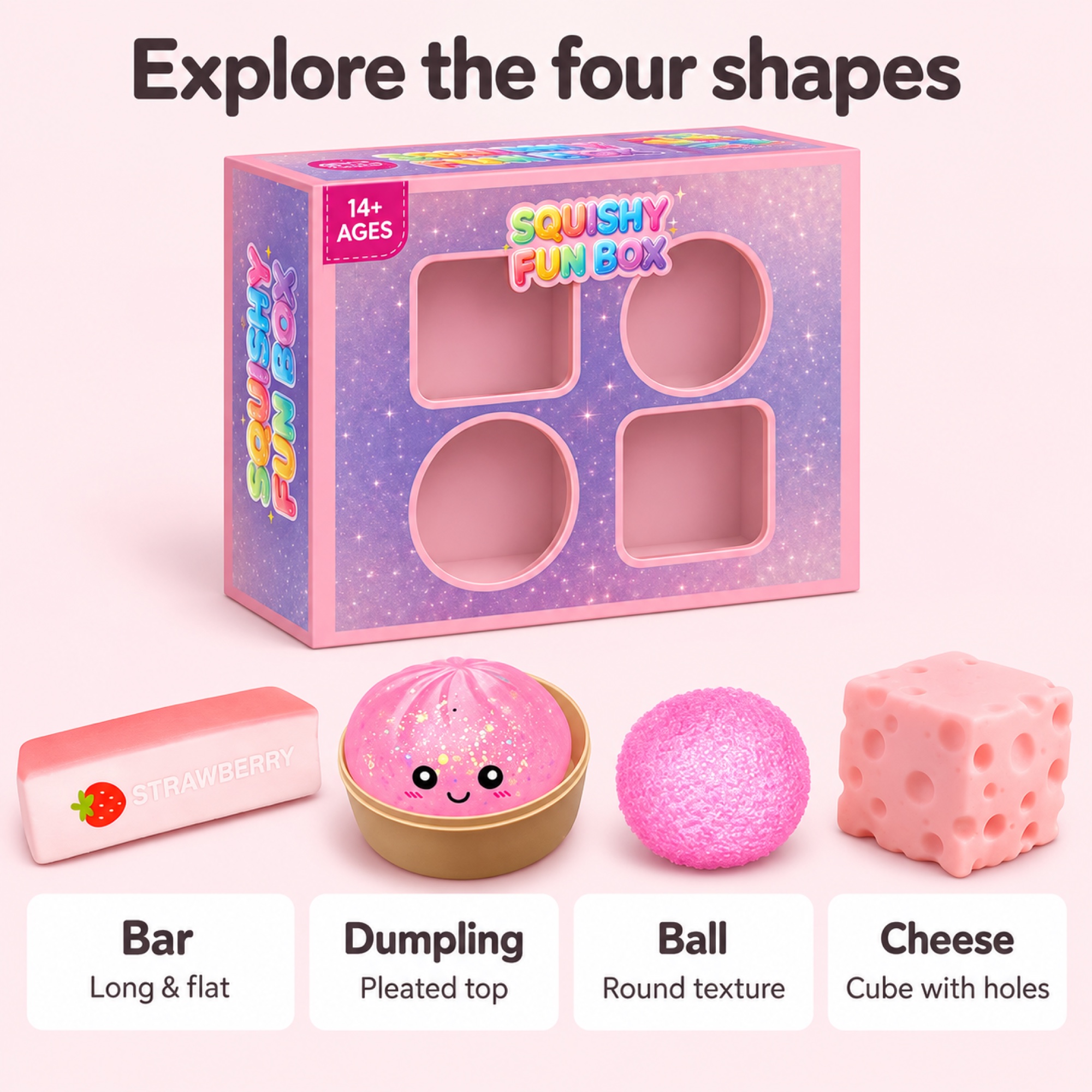 Pink Fun Box — strawberry bar, pink dumpling with steamer, pink textured ball and pink cheese cube — comparison
