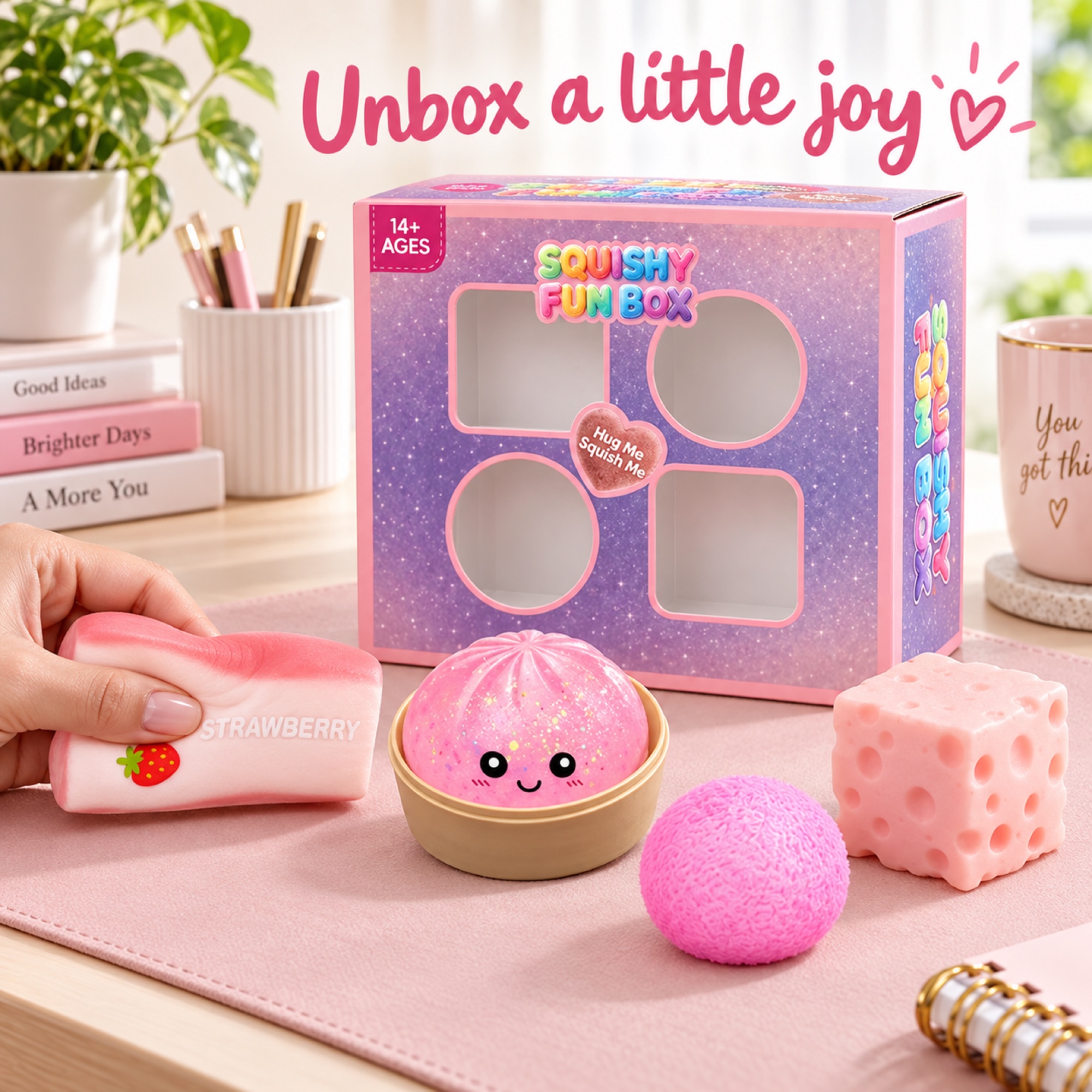 Pink Fun Box — strawberry bar, pink dumpling with steamer, pink textured ball and pink cheese cube — lifestyle