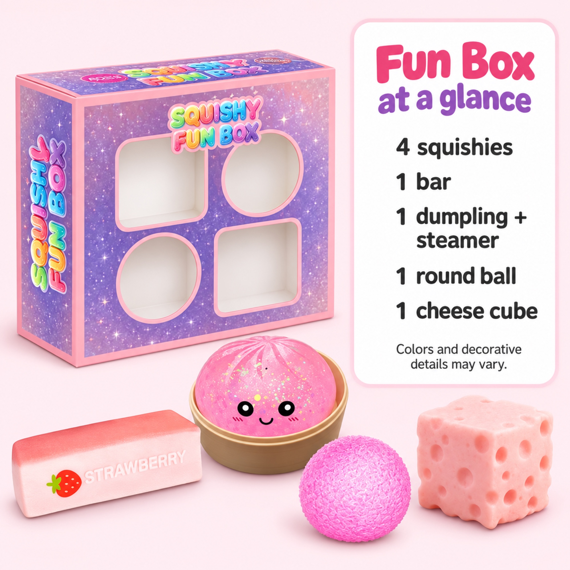 Pink Fun Box — strawberry bar, pink dumpling with steamer, pink textured ball and pink cheese cube — spec