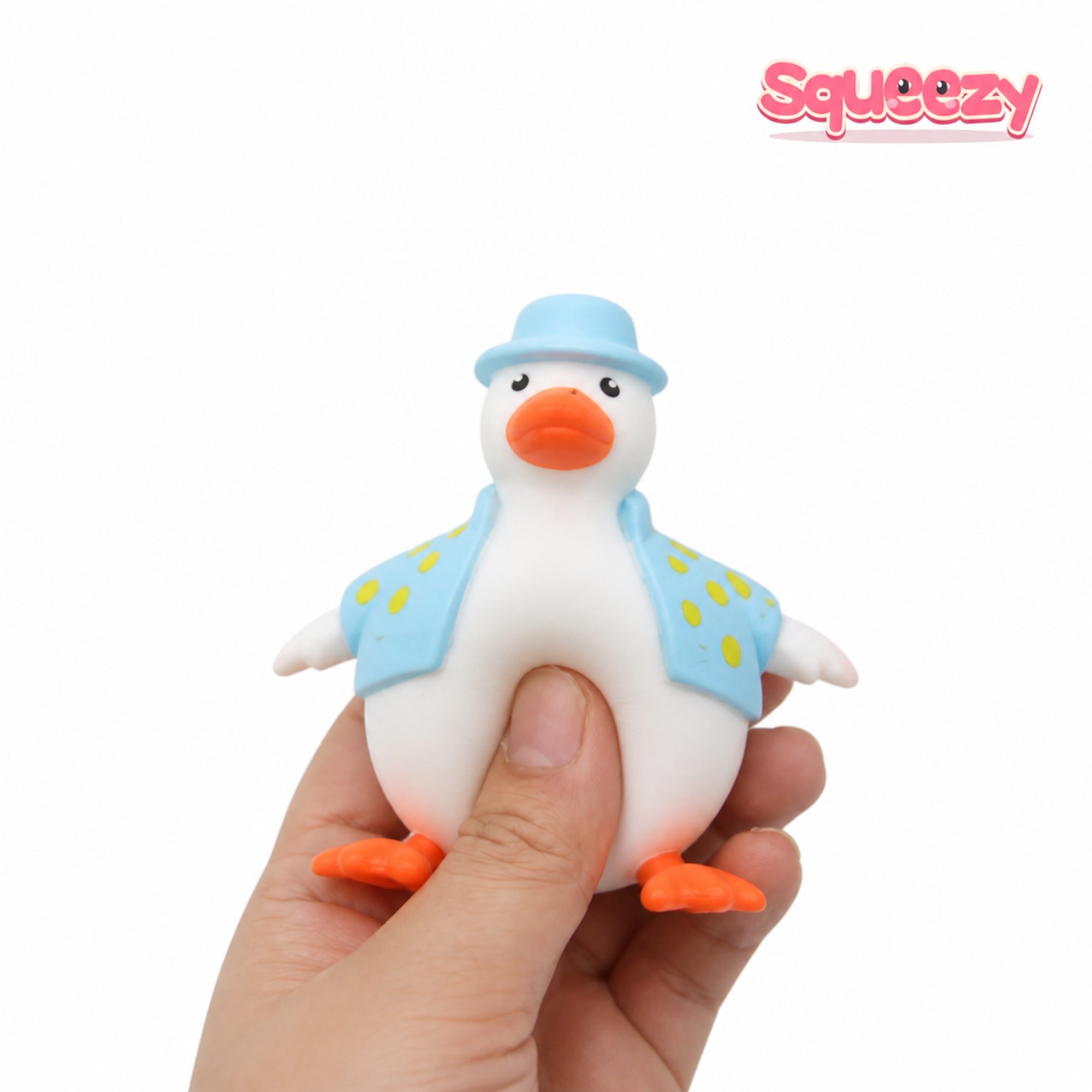 Dressed Duck Squishy being squeezed
