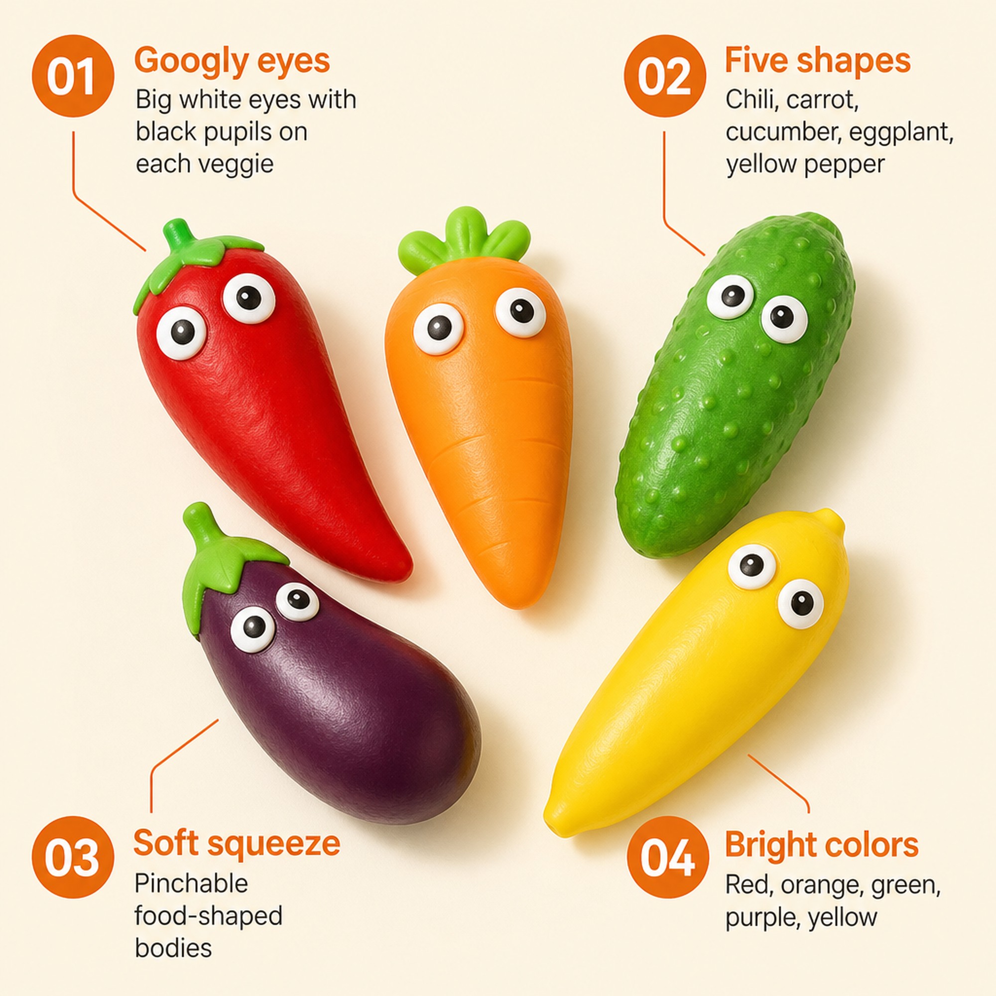 Googly Veggie features