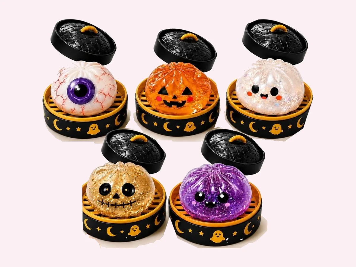 Three translucent surprise squishies revealed in dark round cases