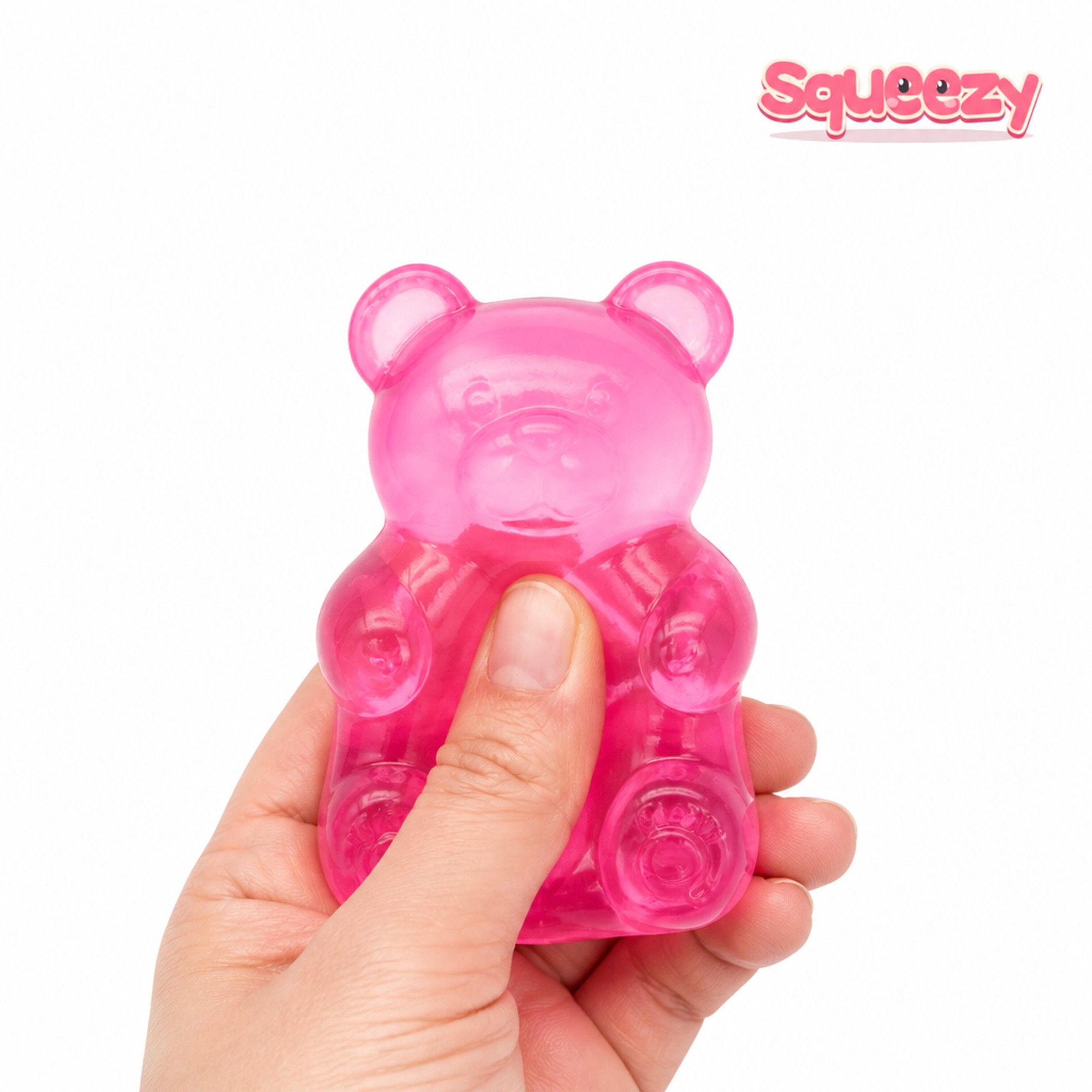 Pink Gummy Bear being squeezed