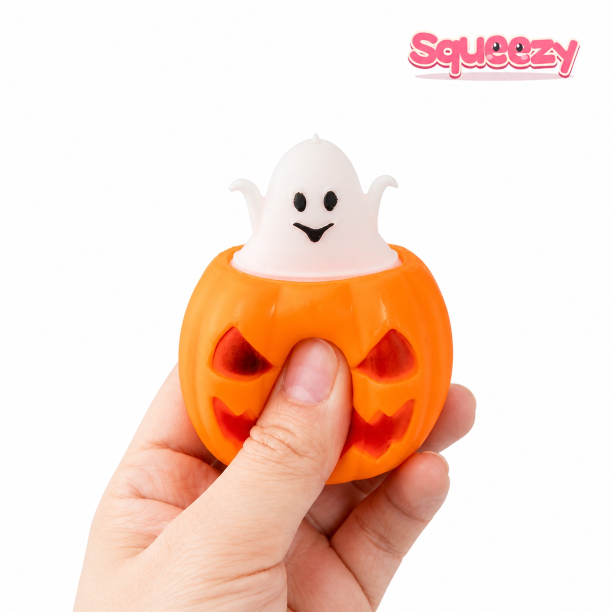 Ghost-Pop Pumpkin being squeezed