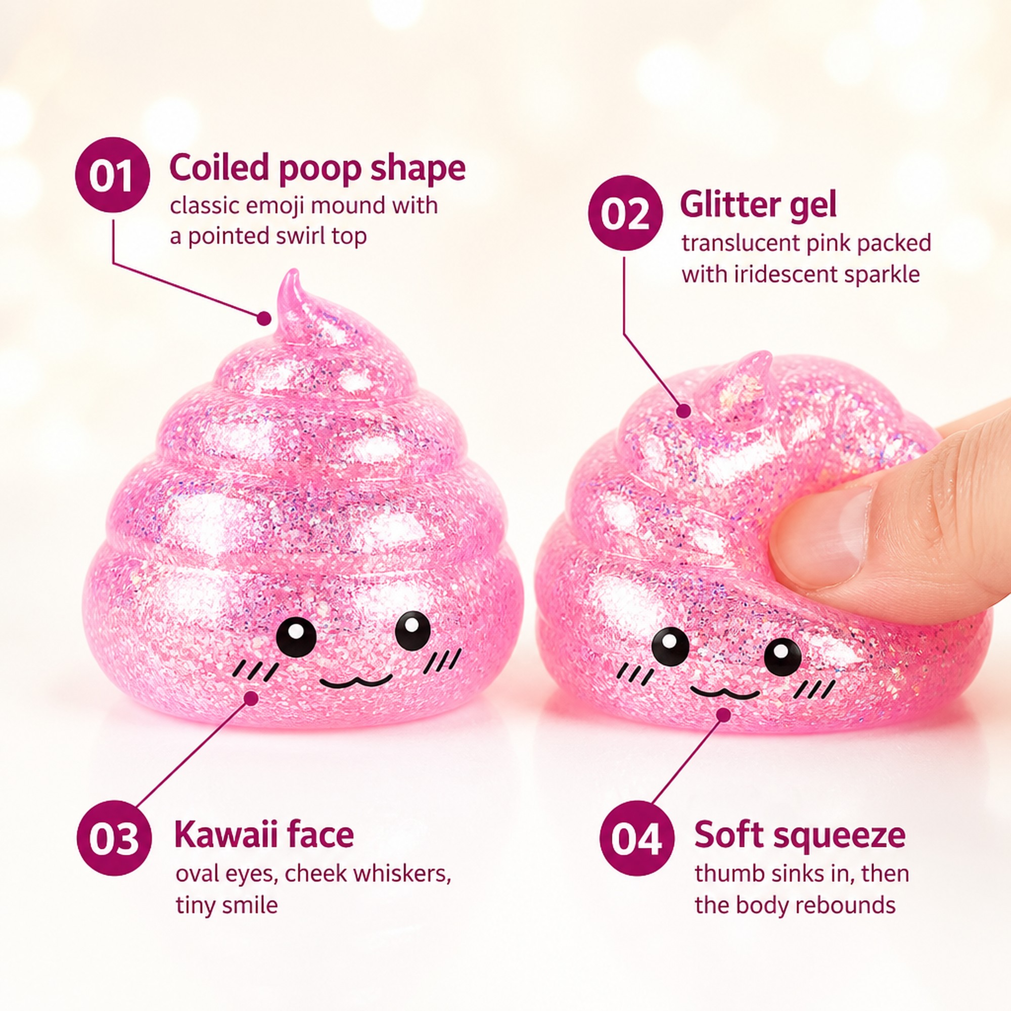 Pink Glitter Poop features