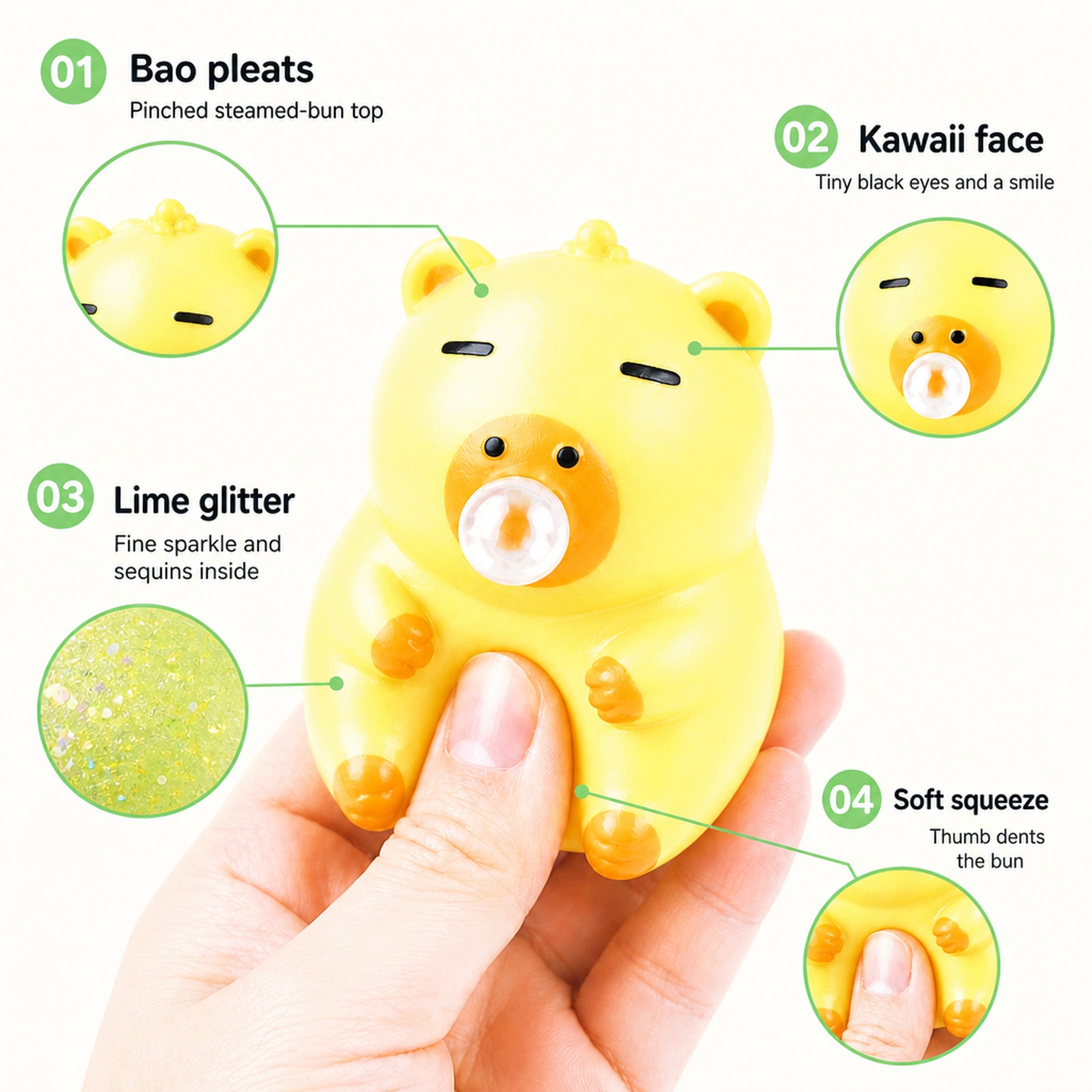 Lime Glitter Bao features