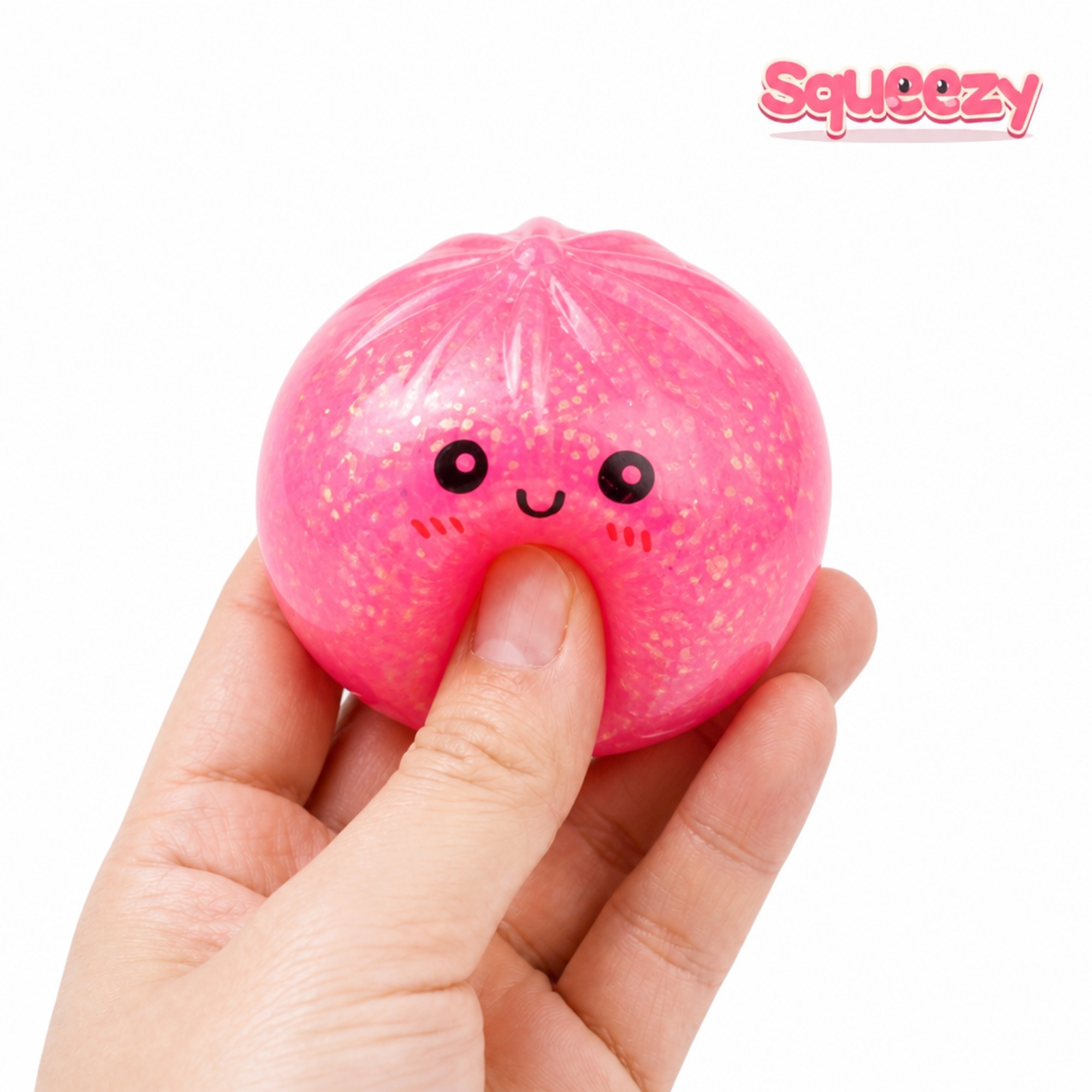 Pink Smiley Bao being squeezed