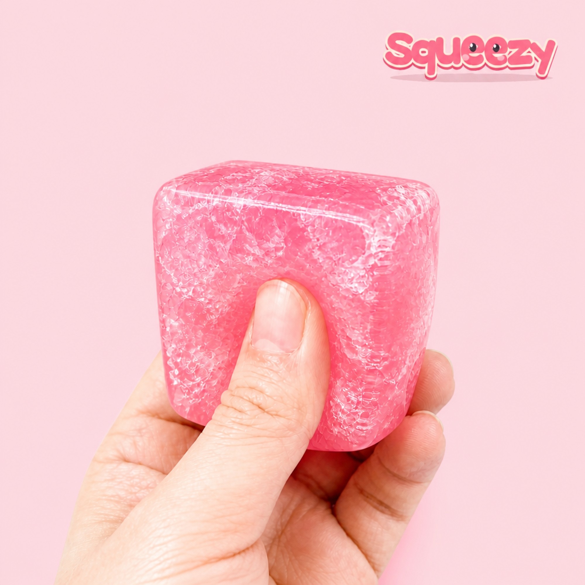 Frosty Pink Cube being squeezed