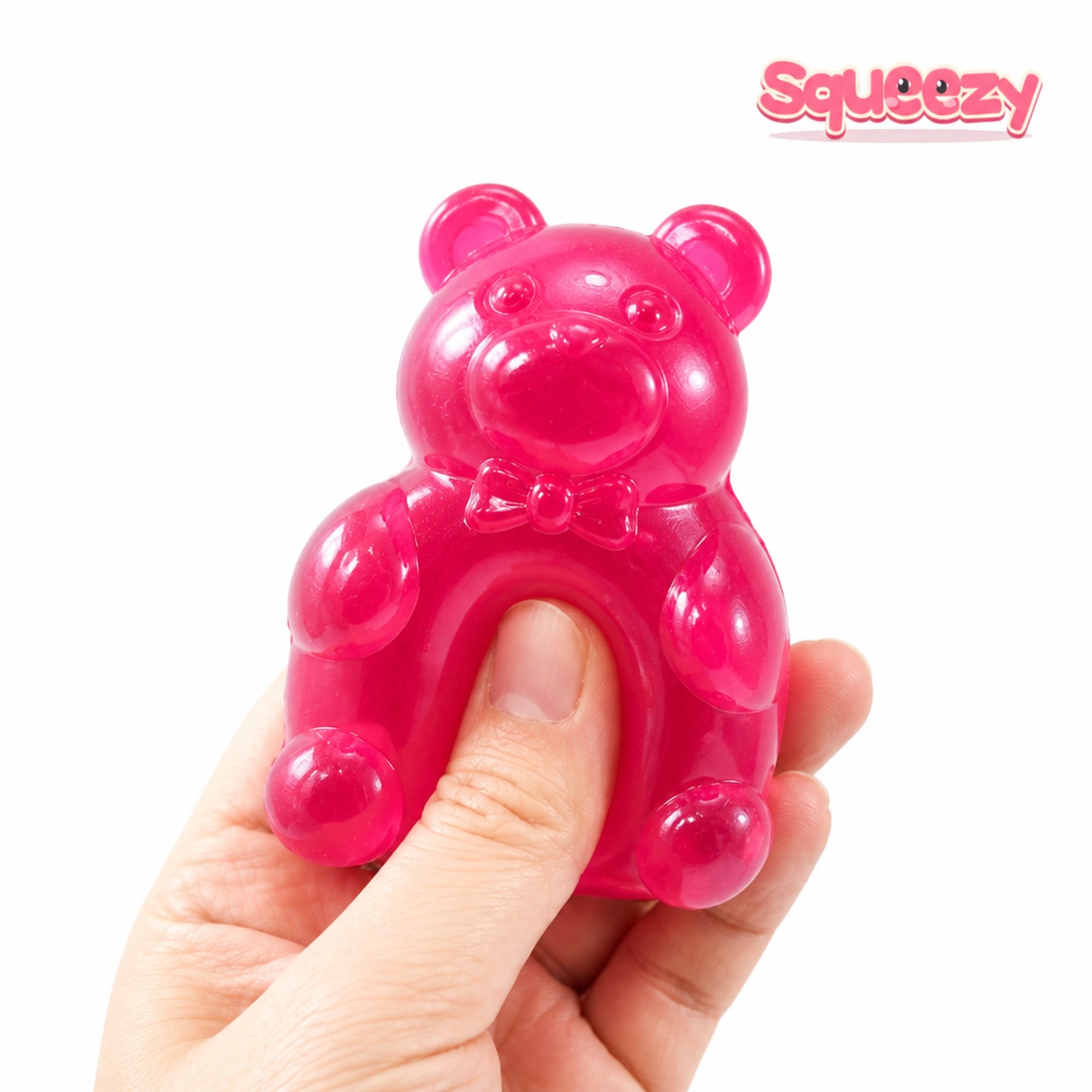 Pink Bow Bear being squeezed
