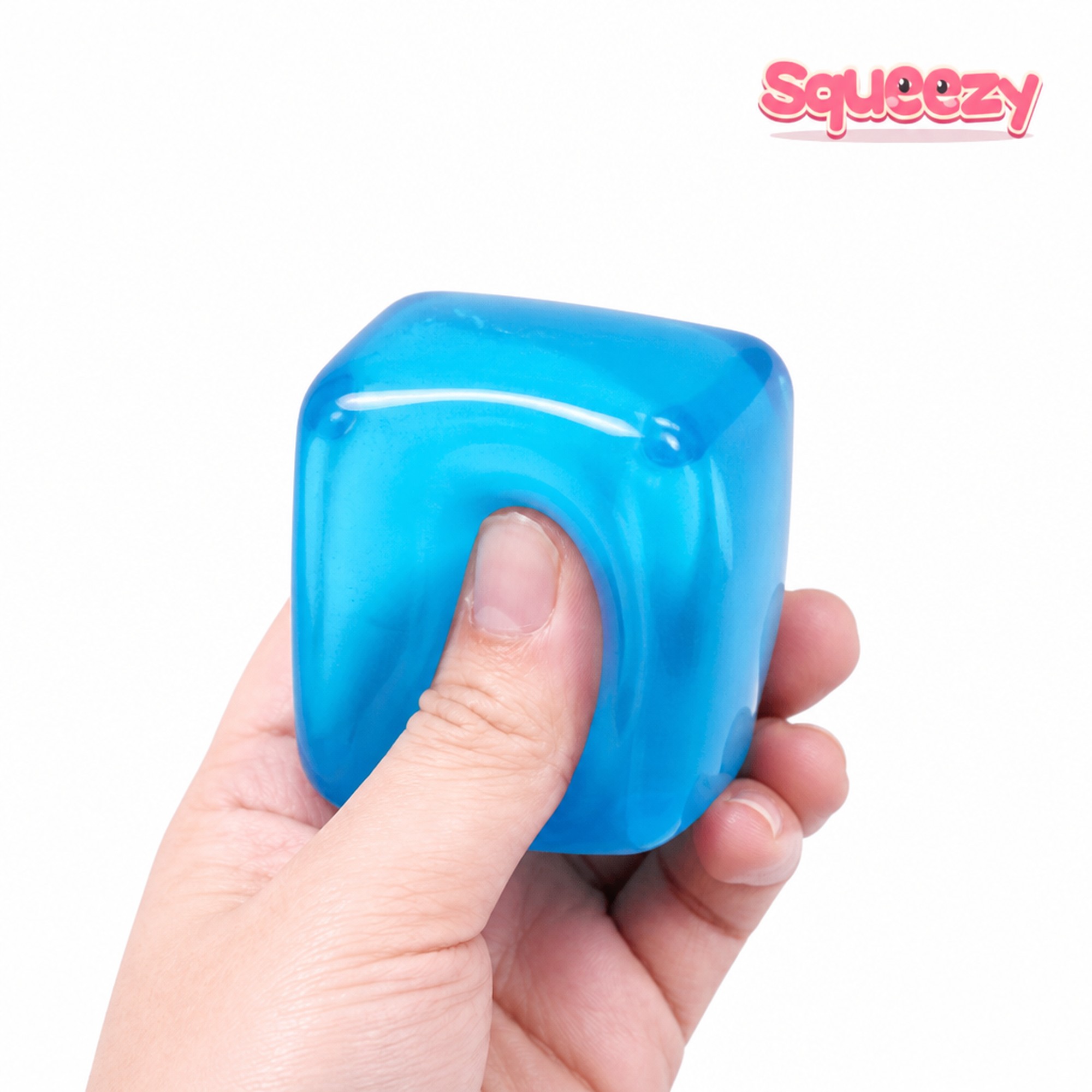 Blue Ice Cube being squeezed
