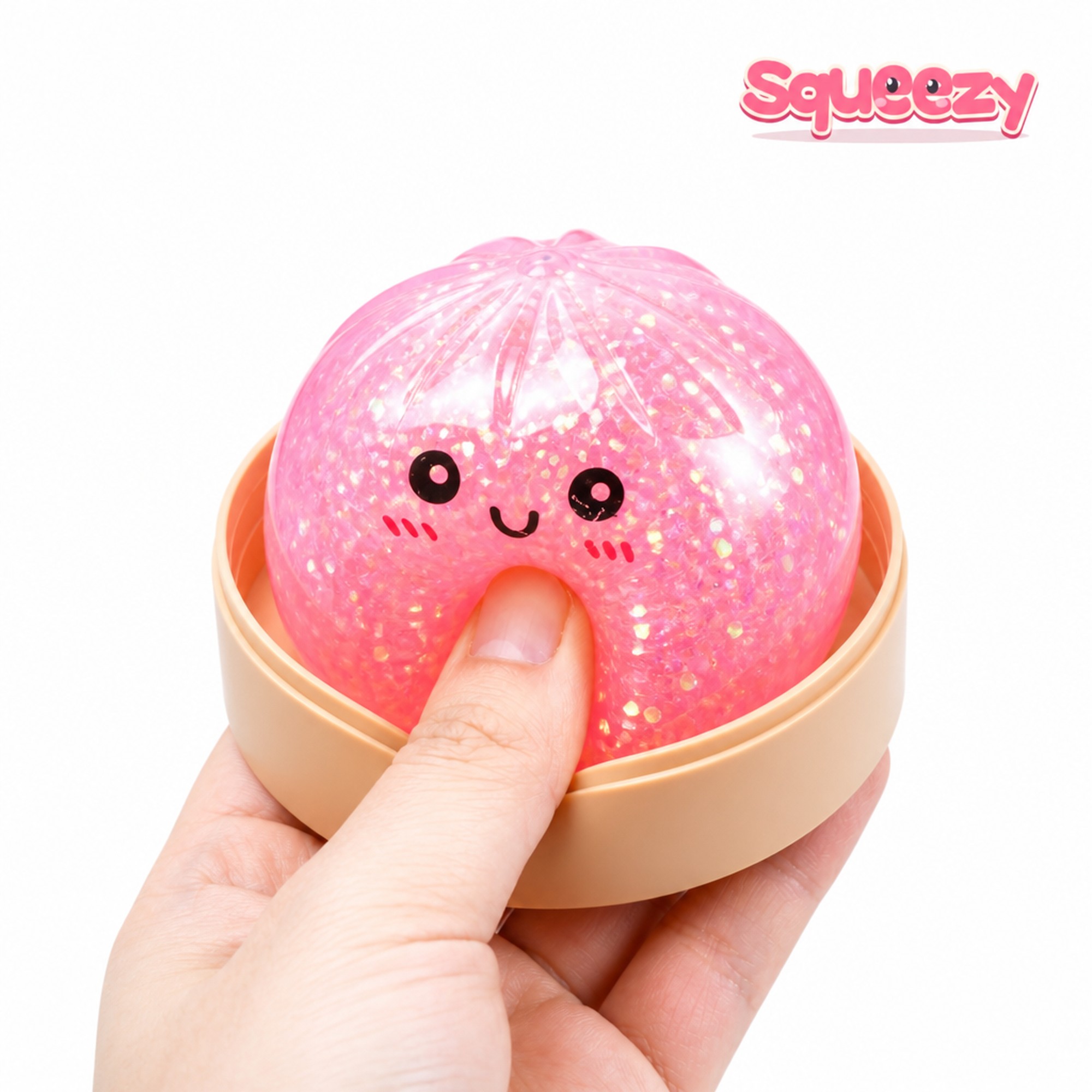 Glitter Smiley Bao being squeezed