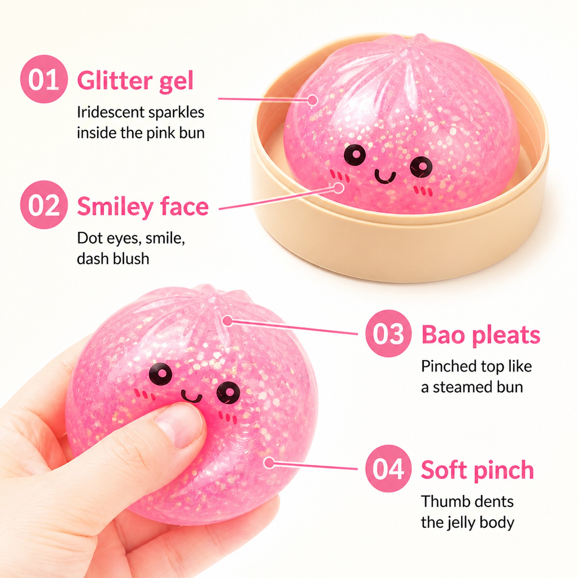 Glitter Smiley Bao features