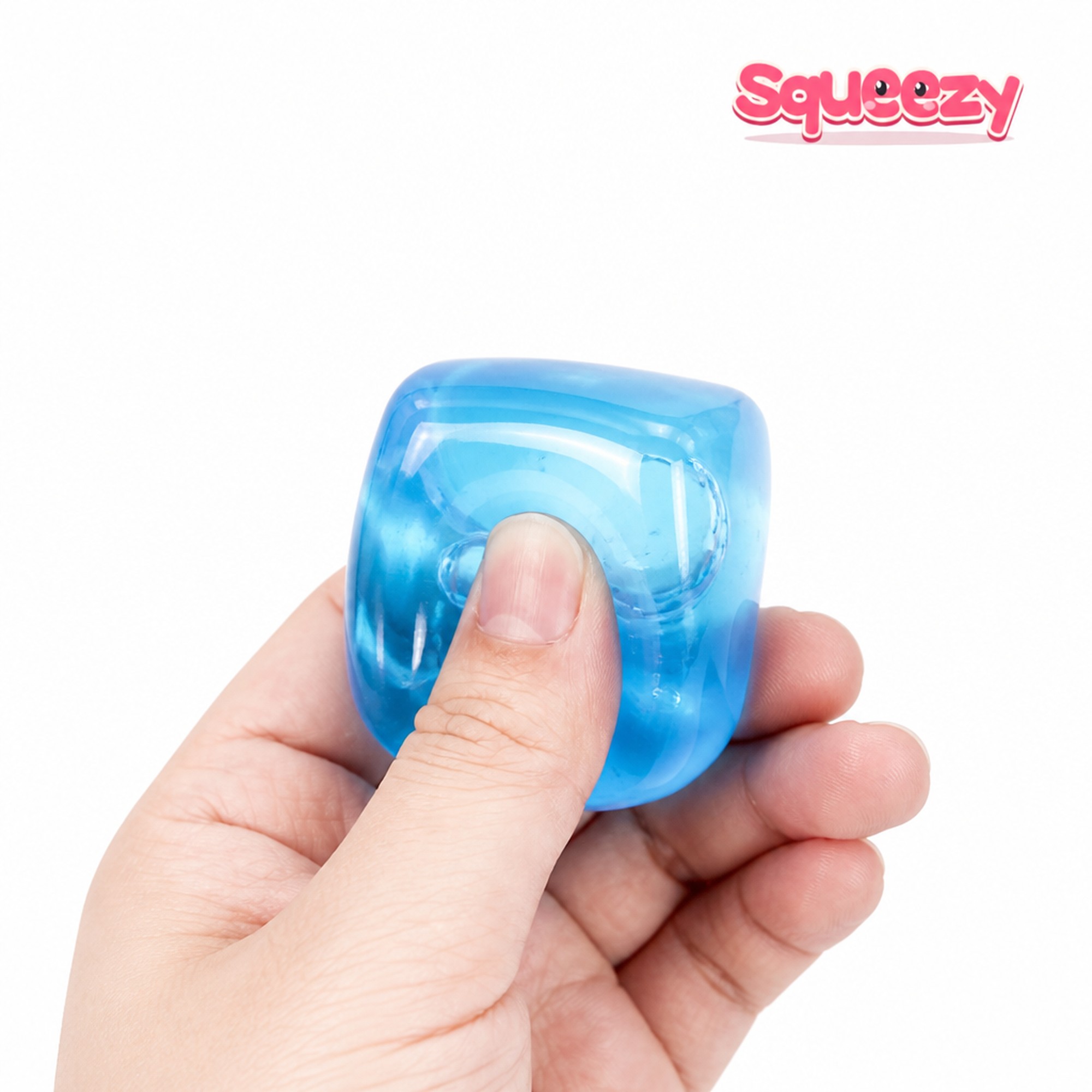 Sky Gel Cube being squeezed