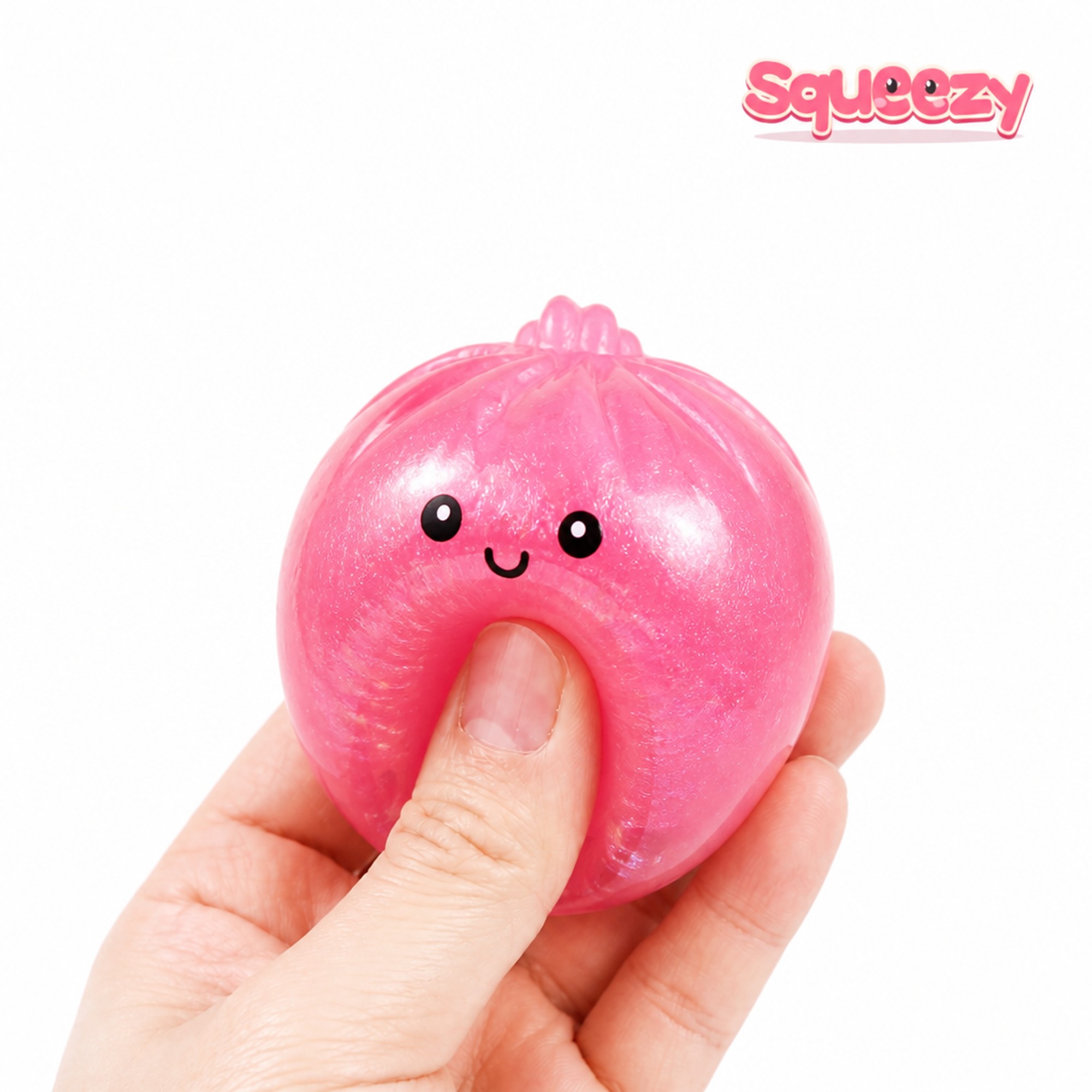 Pink Smiley Bao being squeezed