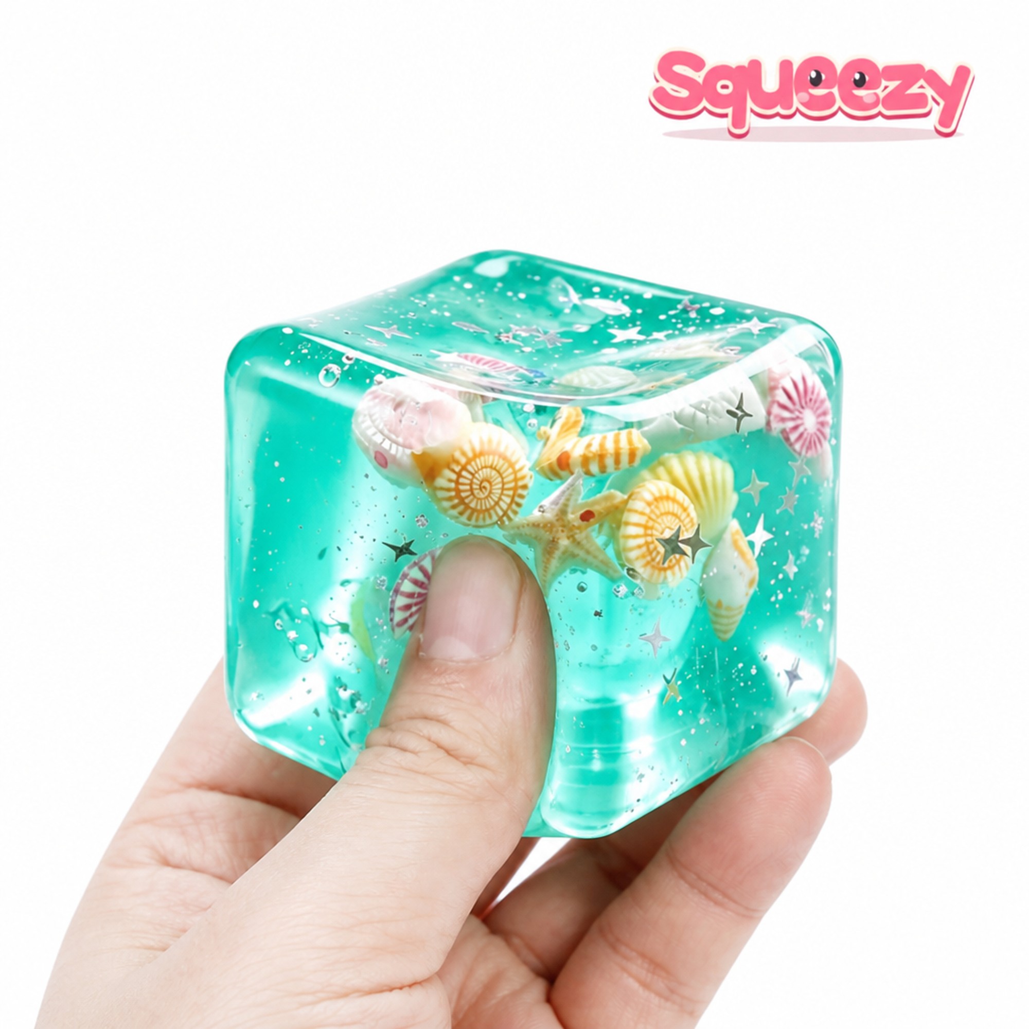 Teal Shell Cube being squeezed
