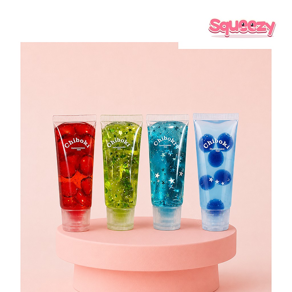 Chiboki Glitter Gel Stress Toy Sensory Squeeze Gel Tube being squeezed