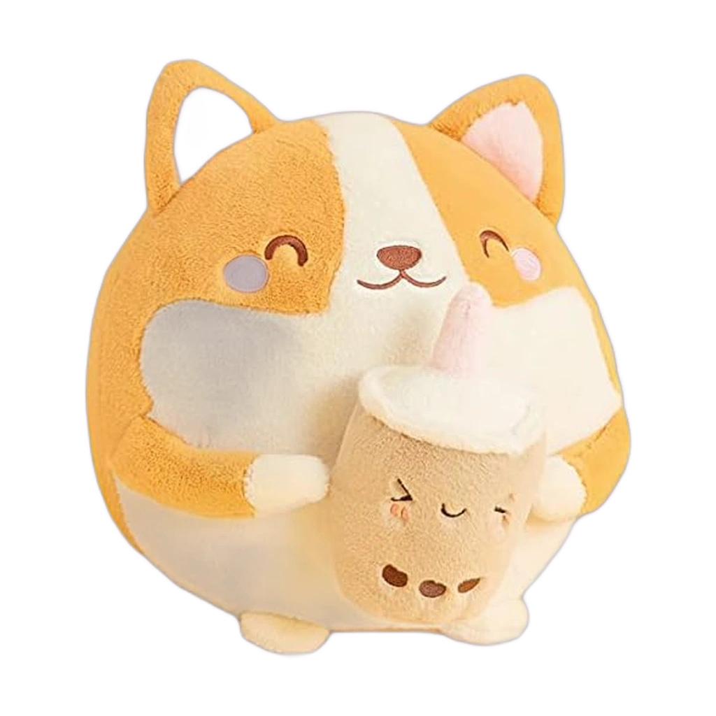 Corgi Boba Squishy Plush, Kawaii Puppy Hugging Milk Tea Cup