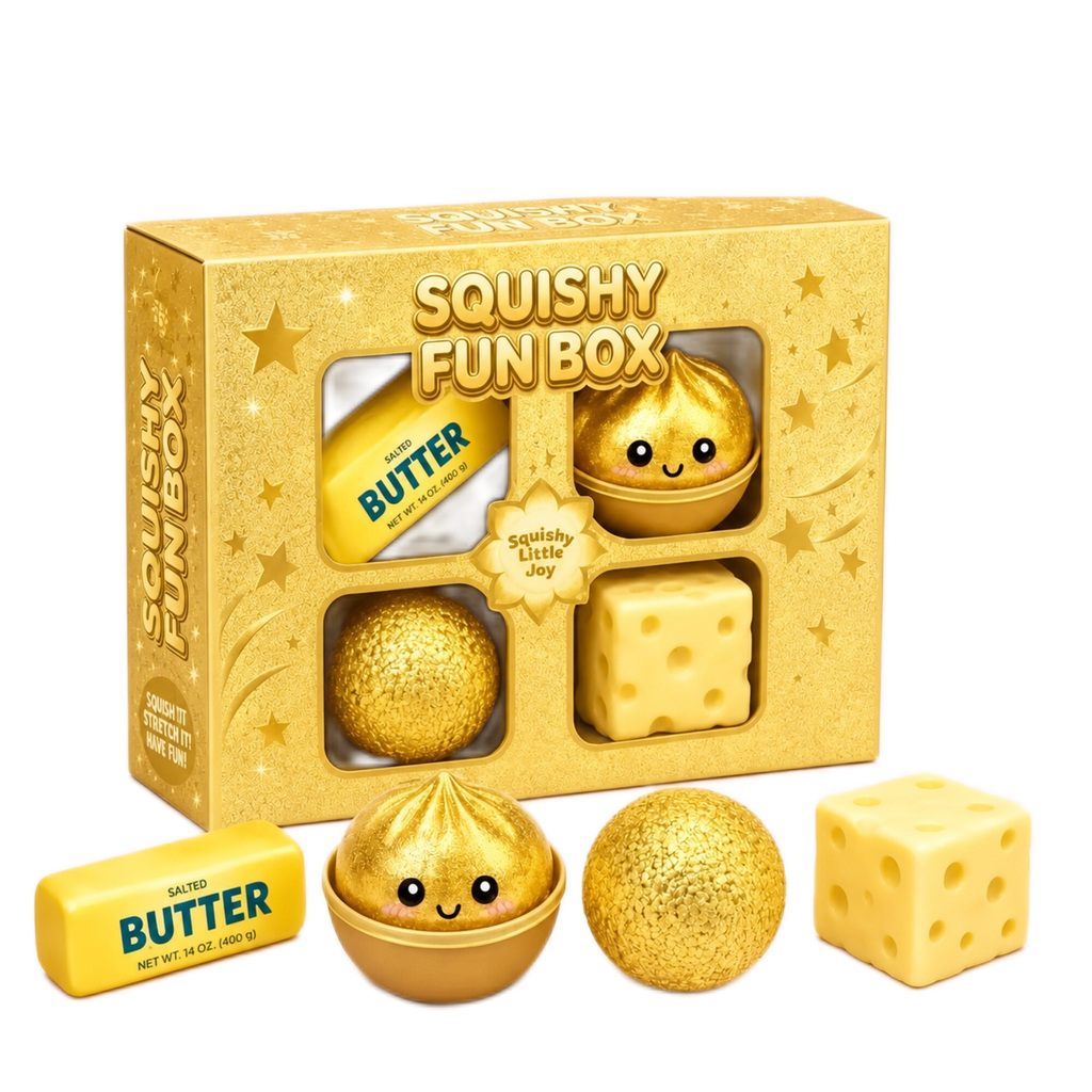 Gold Squishy Fun Box – 4-Piece Mystery Set