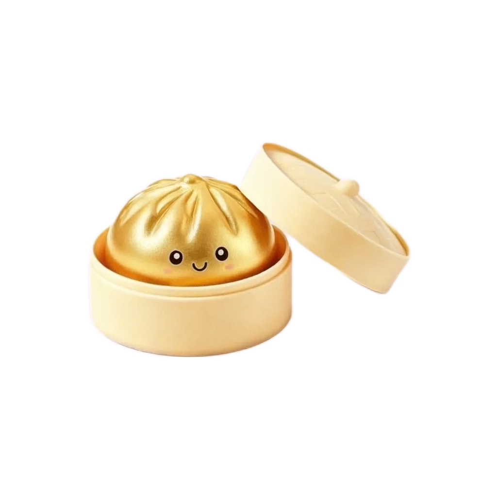 Golden Dumpling Squishy in Steamer Basket, Cute Smiley Toy