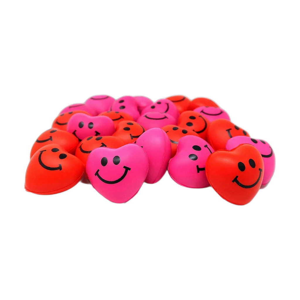 Mini Heart Squishy Stress Balls, Smiley Face 24 Pack