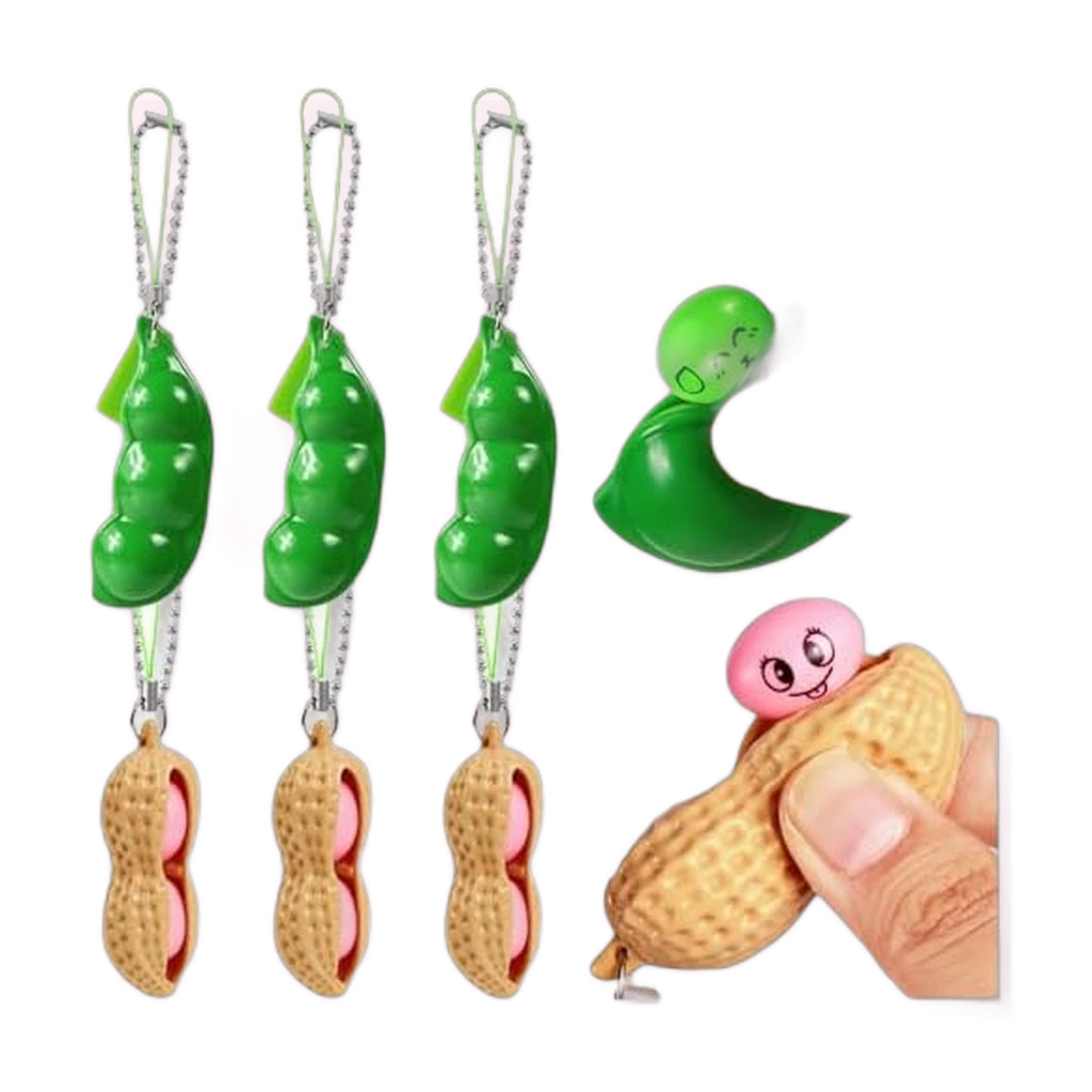 Soybean Squishy Pea & Peanut Pod Keychain Fidgets, 6 Pack